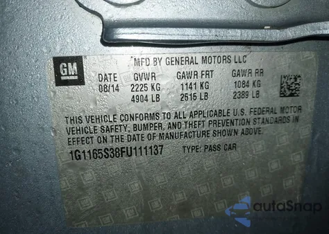 2015 Chevrolet Impala 2Lz from USA, damaged, VIN 1G1165S38FU111137